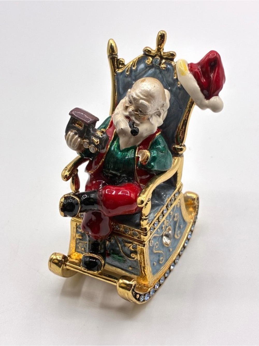 Jeweled Enameled Pewter Santa Claus Hinged Trinket Jewelry Box Magnetic READ